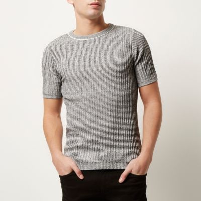 Grey knitted short sleeve slim fit jumper